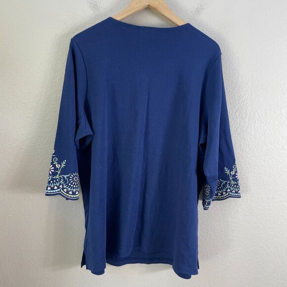 Quacker Factory Womens Plus 1X Embroidered 3/4 Sleeve Blue Top Shirt - Picture 11 of 11